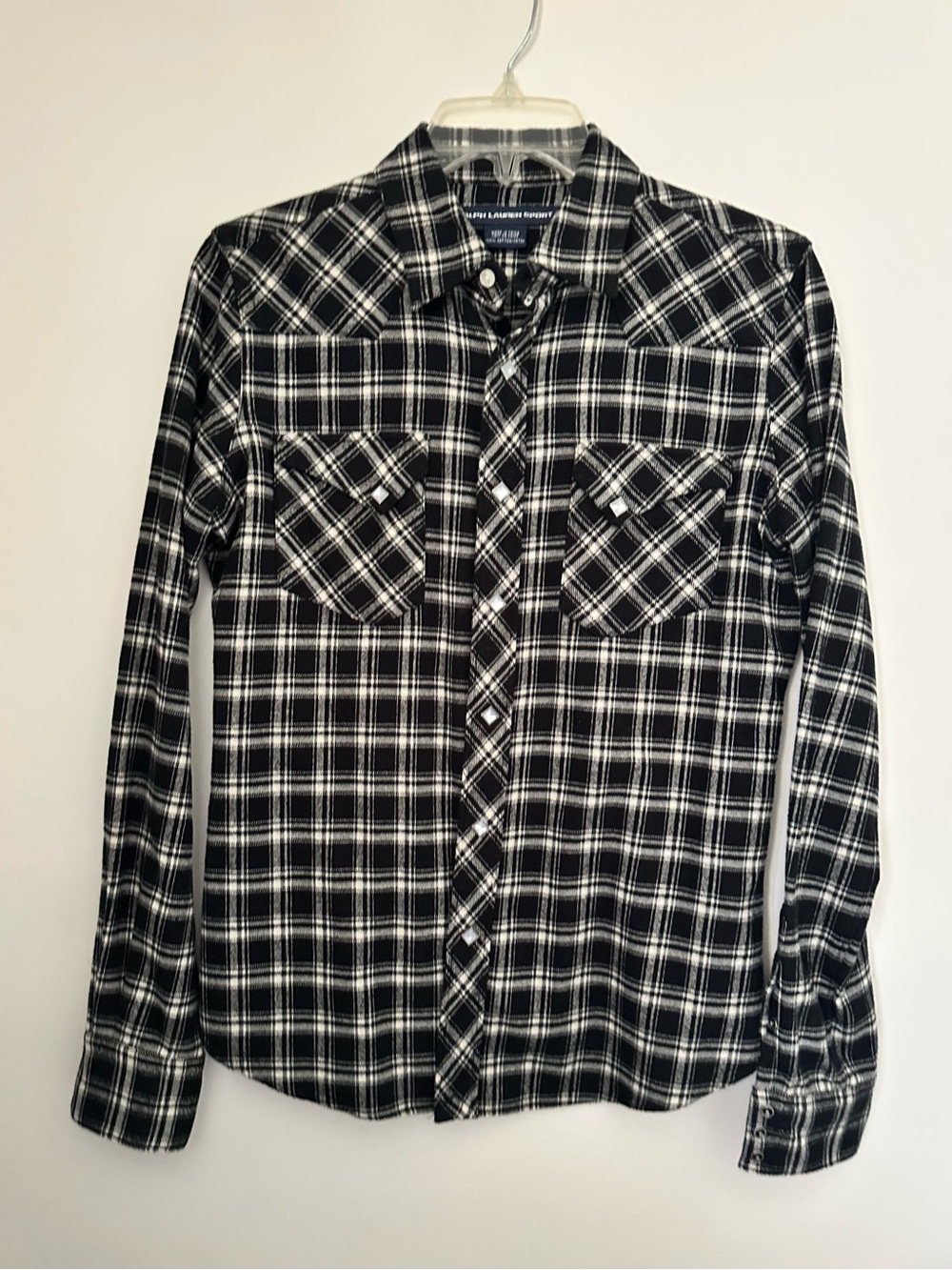 Ralph Lauren Sport Diamond Pearl Snap Flannel Western Plaid Shirt Black White~8